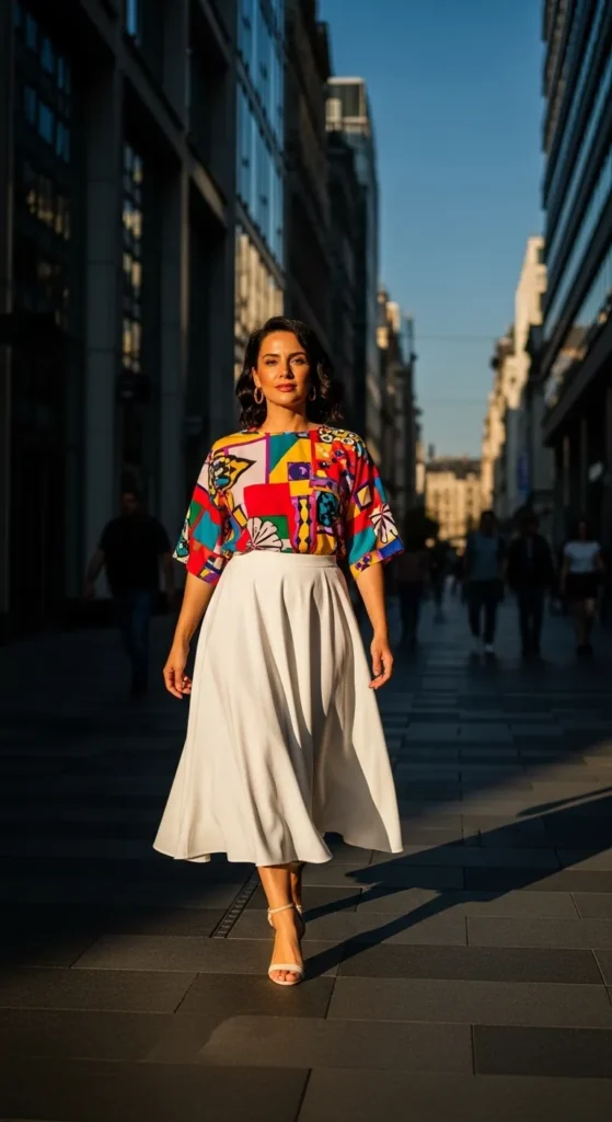 The White Midi Skirt and Bold Color Top
