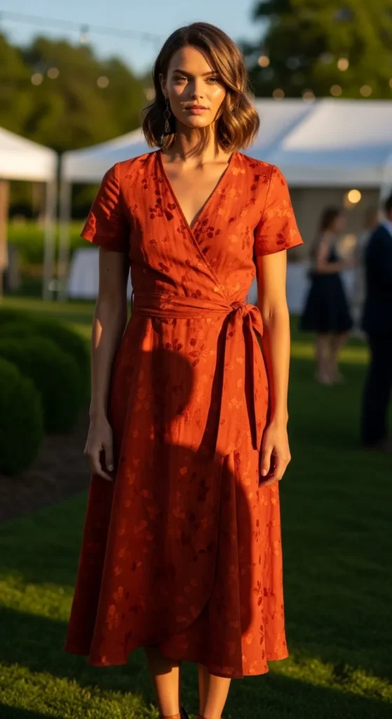  Rust Orange Wrap Midi Dress