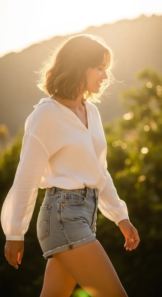 The Denim Shorts and Linen Blouse