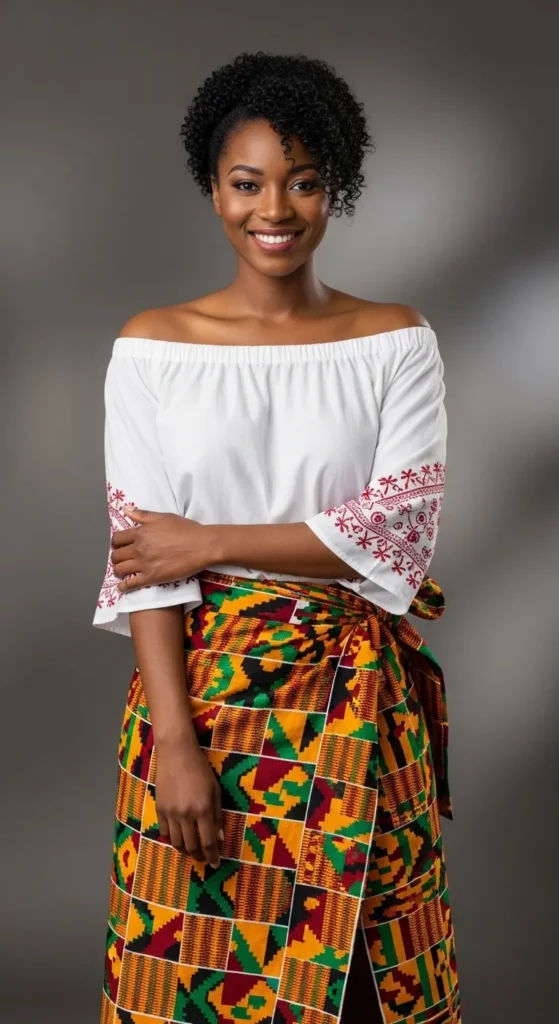  Kente Cloth Wrap Skirt with Peasant Blouse