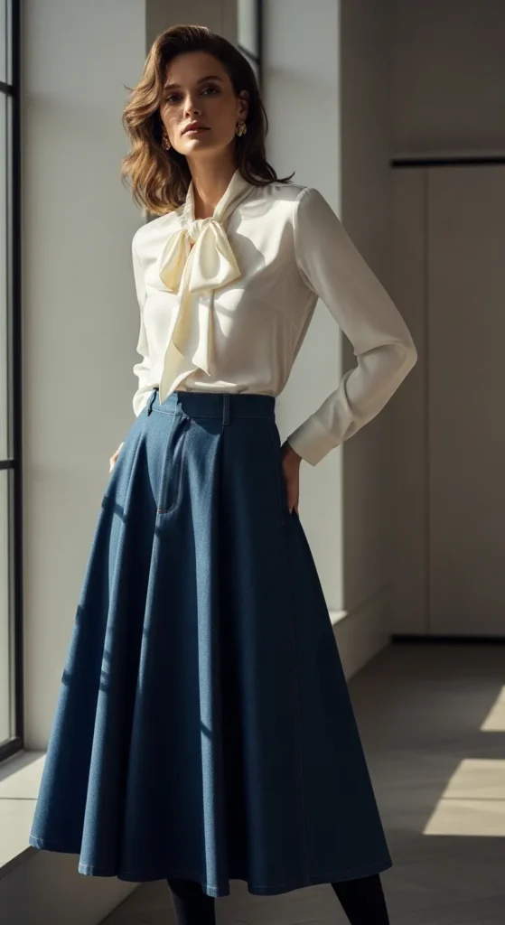 The Denim Skirt and Silk Blouse Elevated Casual Look