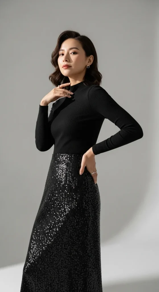 Sequin Skirt and Simple Black Top