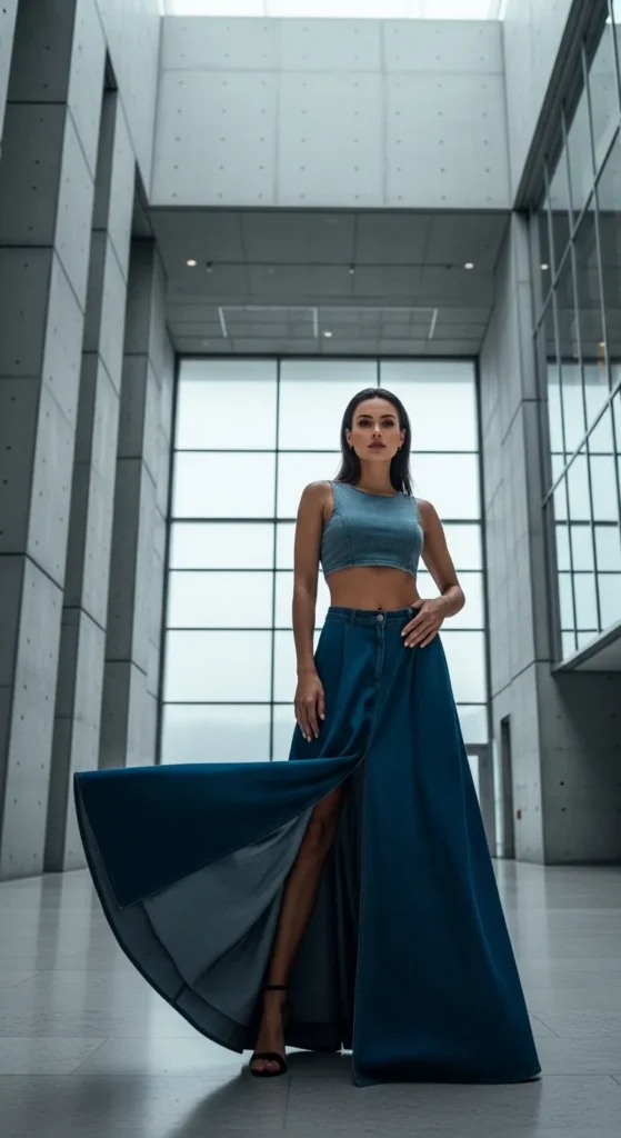 The Long Denim Skirt and Fitted Crop Top