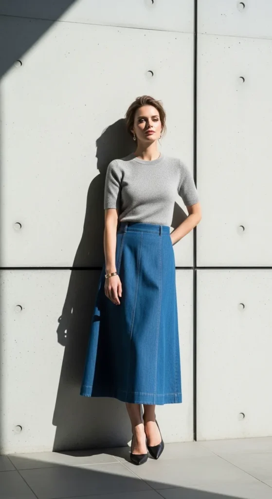 The Denim Midi Skirt and Fitted Knit Top