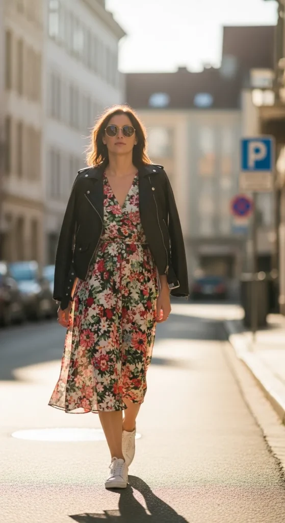 The Floral Midi Dress and Leather Jacket Combination