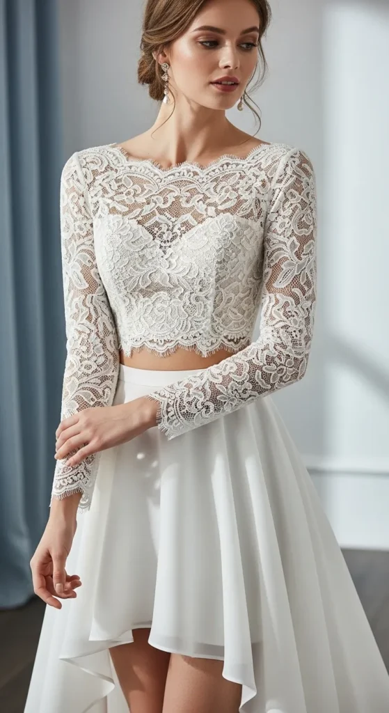 Long Sleeve Lace Top with a High-Low Skirt