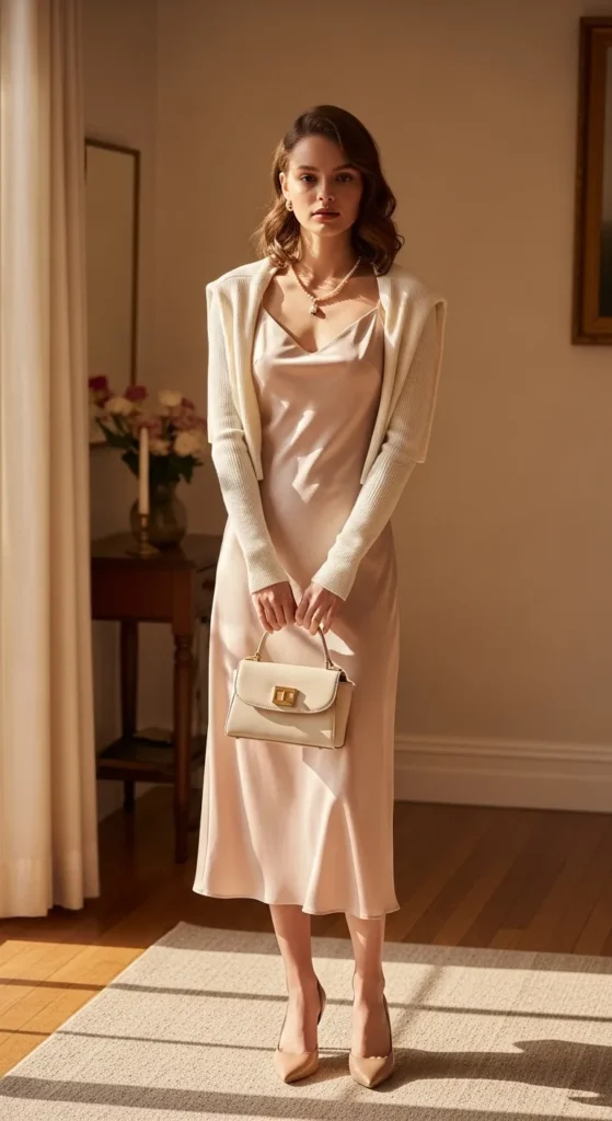 Blush Satin Slip Dress With a Cardigan