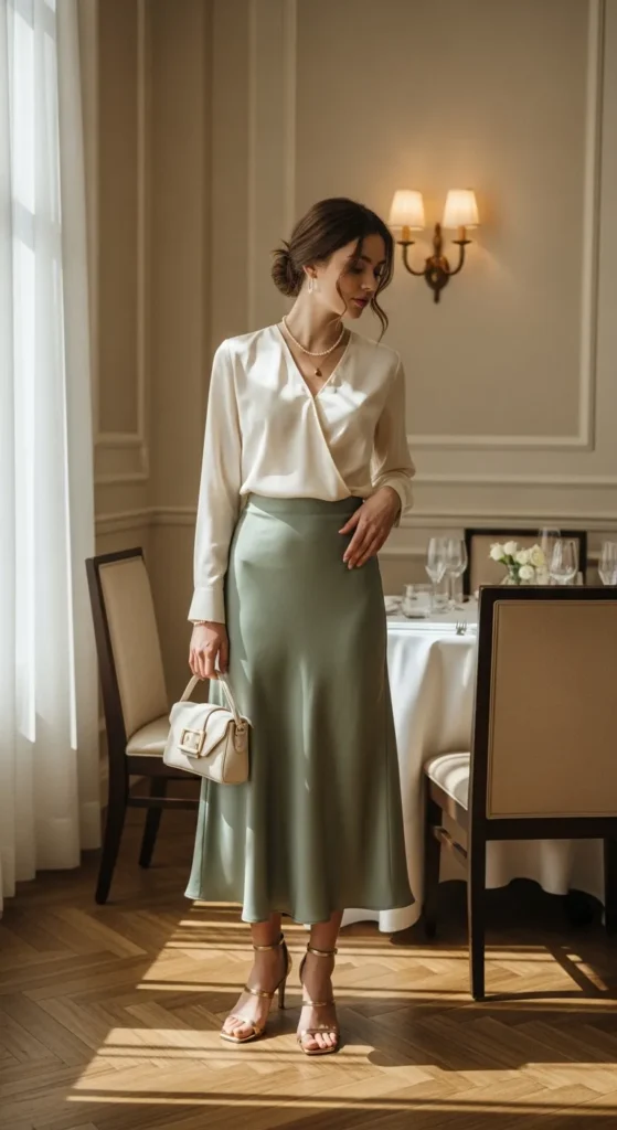  Sage Green Midi Skirt With a Silk Blouse
