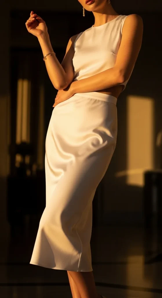 The White Satin Midi Skirt Evening Look