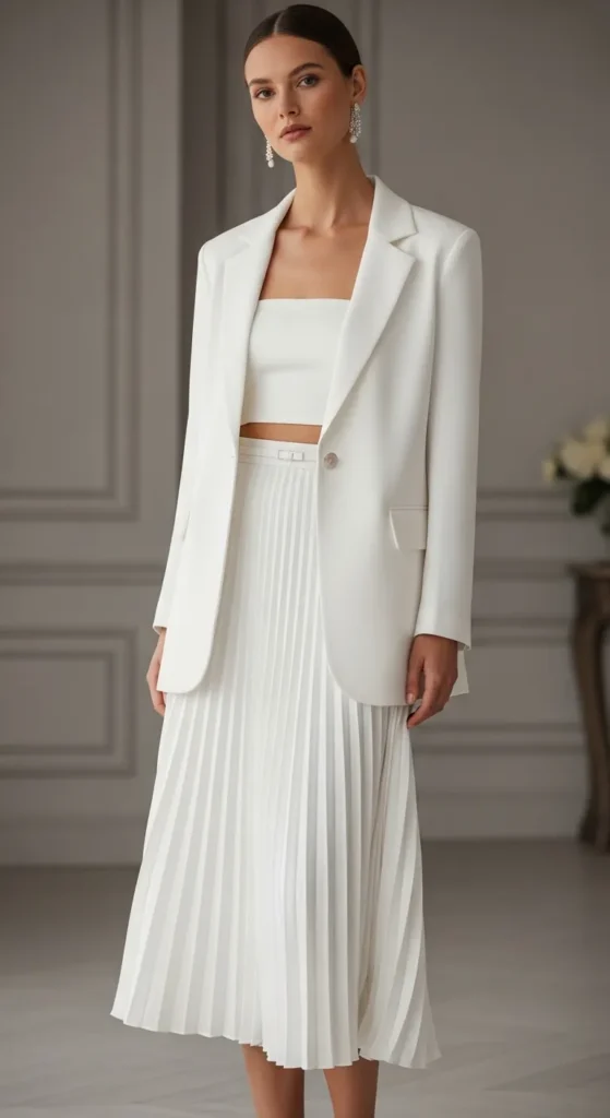 Structured Blazer Crop with a Pleated Midi Skirt