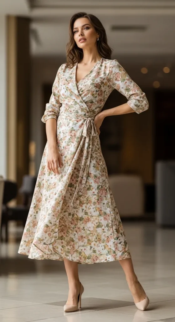 Printed Wrap Midi Dress in Classic Patterns