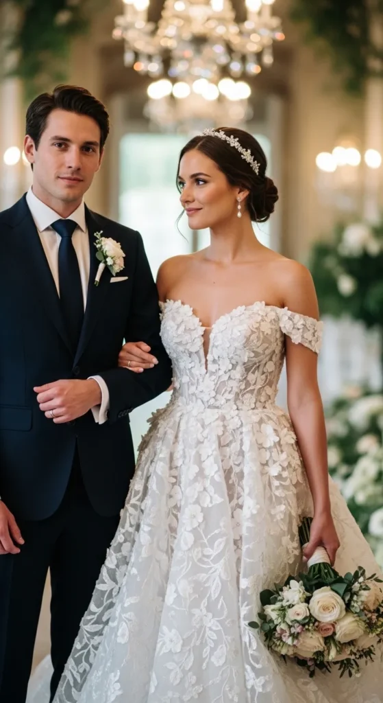  Romantic Floral Off-Shoulder Gown