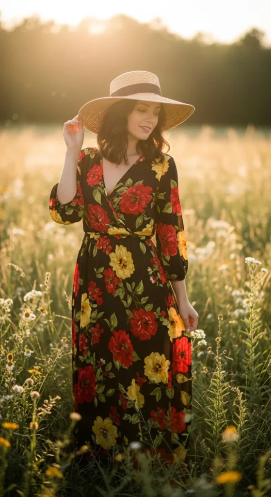 The Floral Maxi Dress and Wide-Brim Hat Boho Look