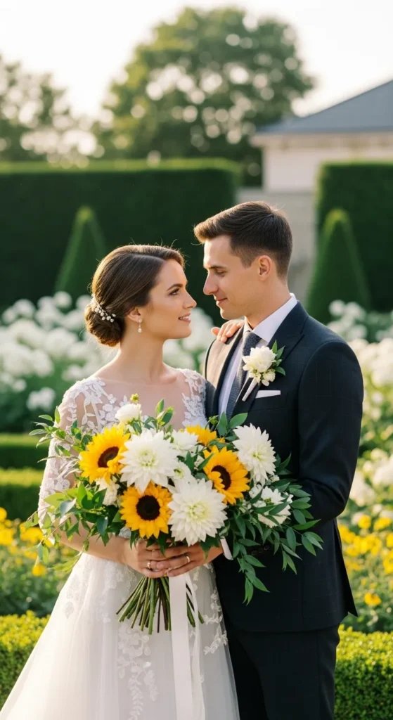 Classic Sunflower and White Rose Bouquet