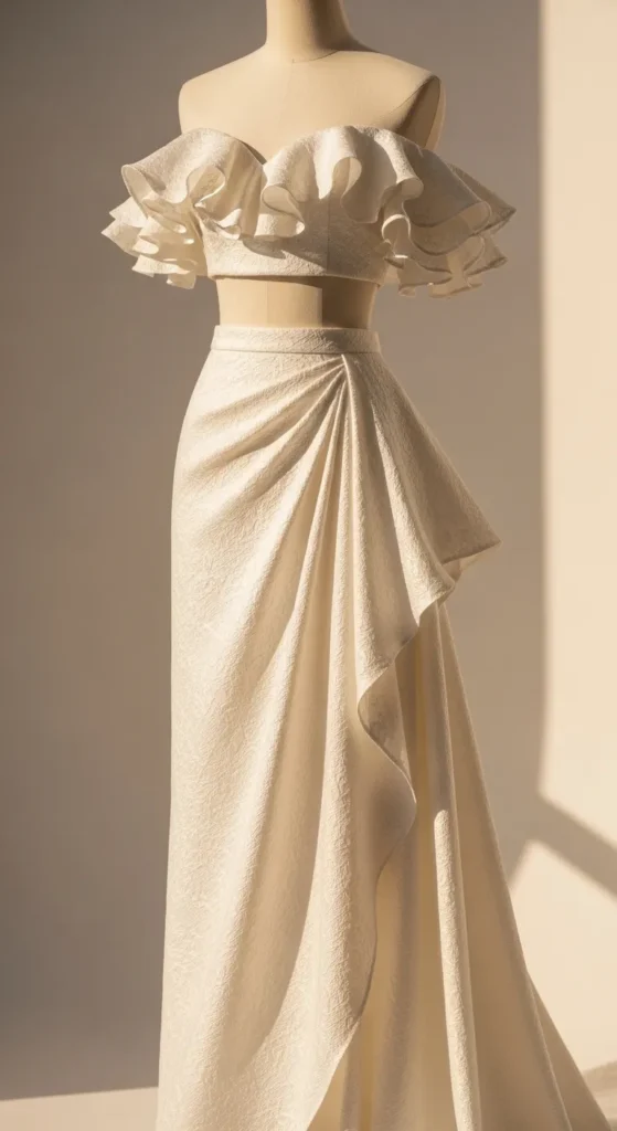 Off-Shoulder Ruffle Top with a Draped Skirt