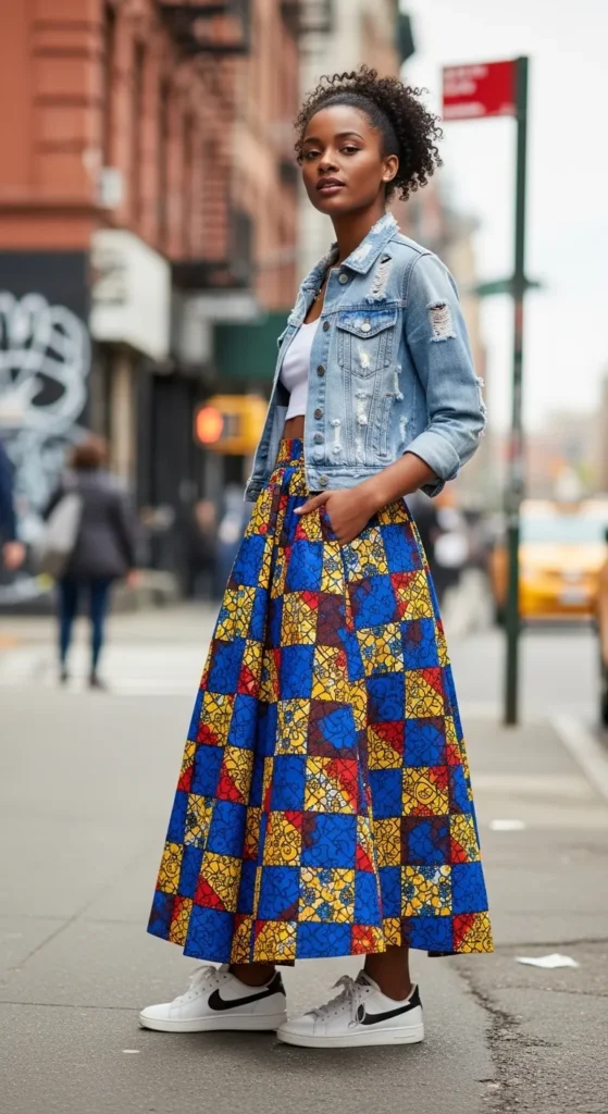 African Print Skirt with Denim Jacket