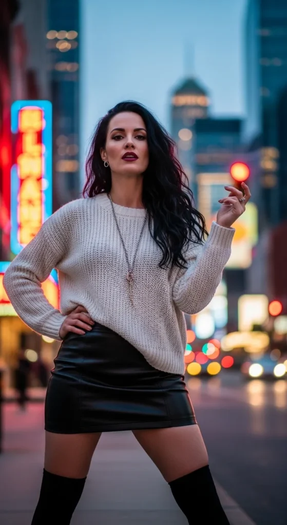 The Leather Mini Skirt and Knitwear Combination