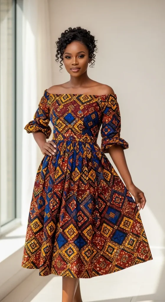  Off-Shoulder Ankara Midi Dress