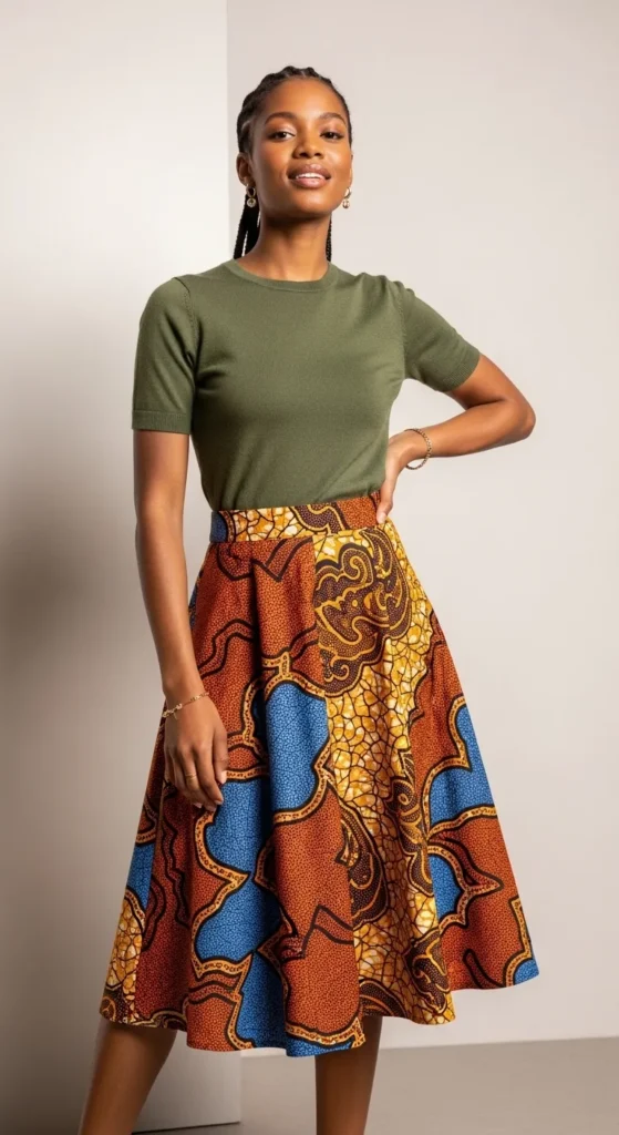  Mixed Print Midi Skirt and Solid Top