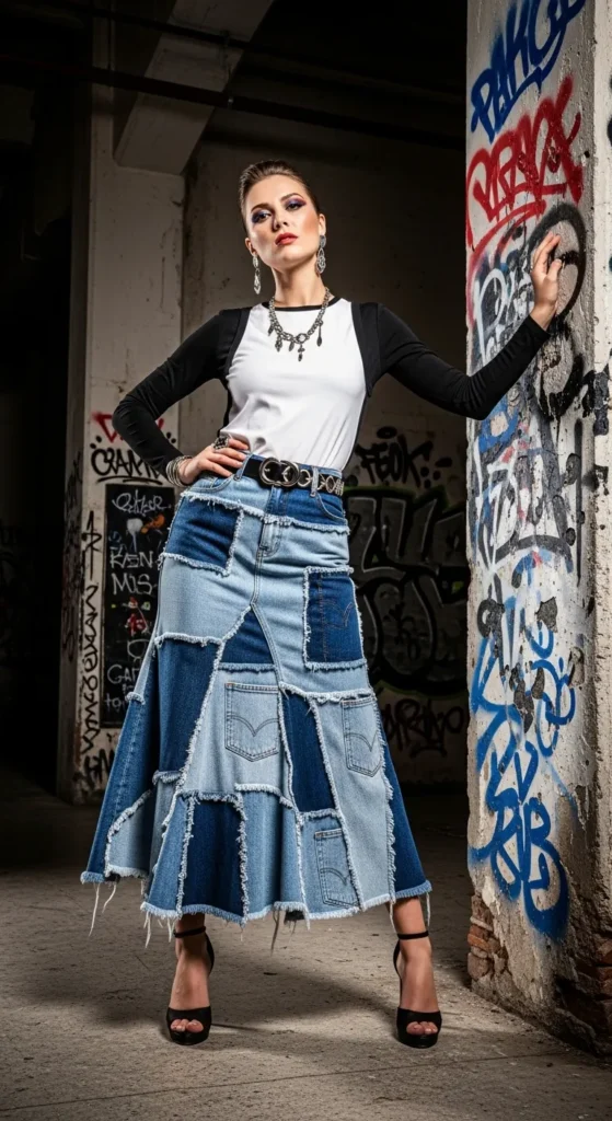 The Patchwork Denim Skirt Statement Look