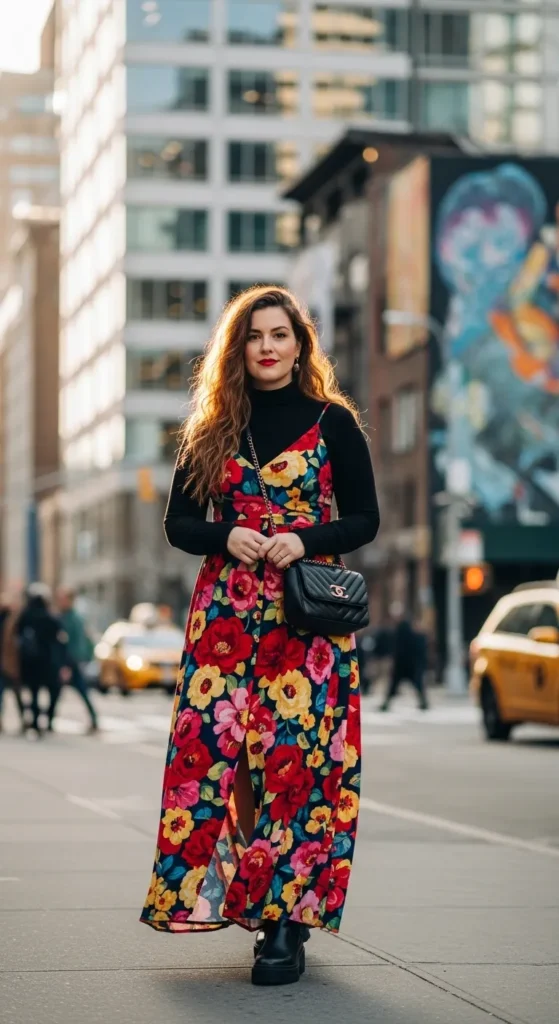 The Floral Maxi Dress Layered Over a Turtleneck