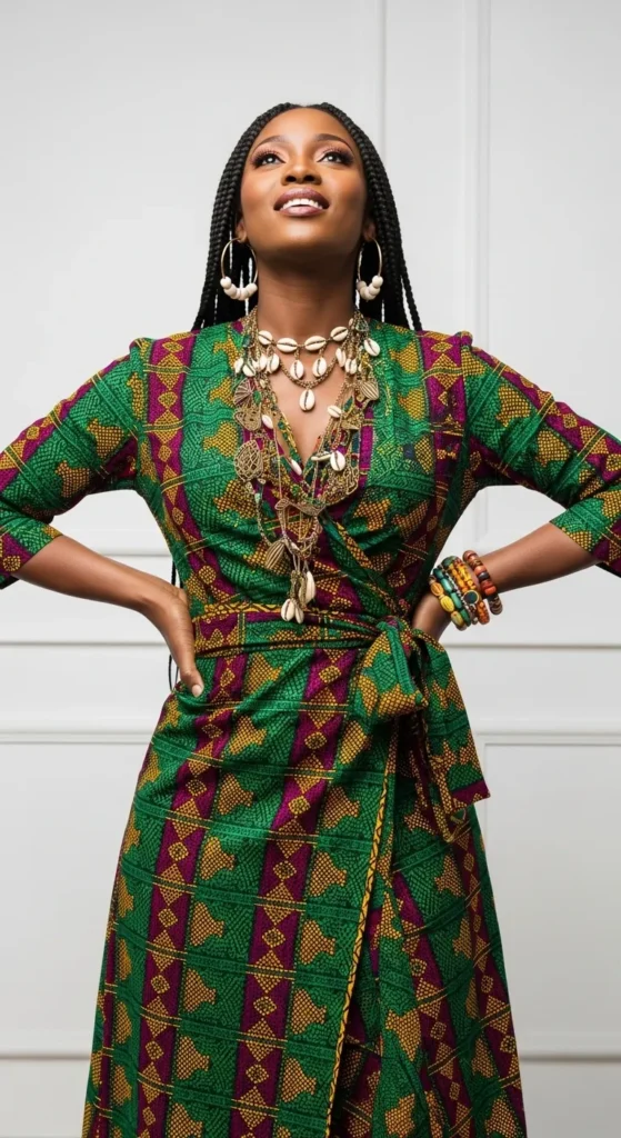 African Print Wrap Dress with Boho Accessories