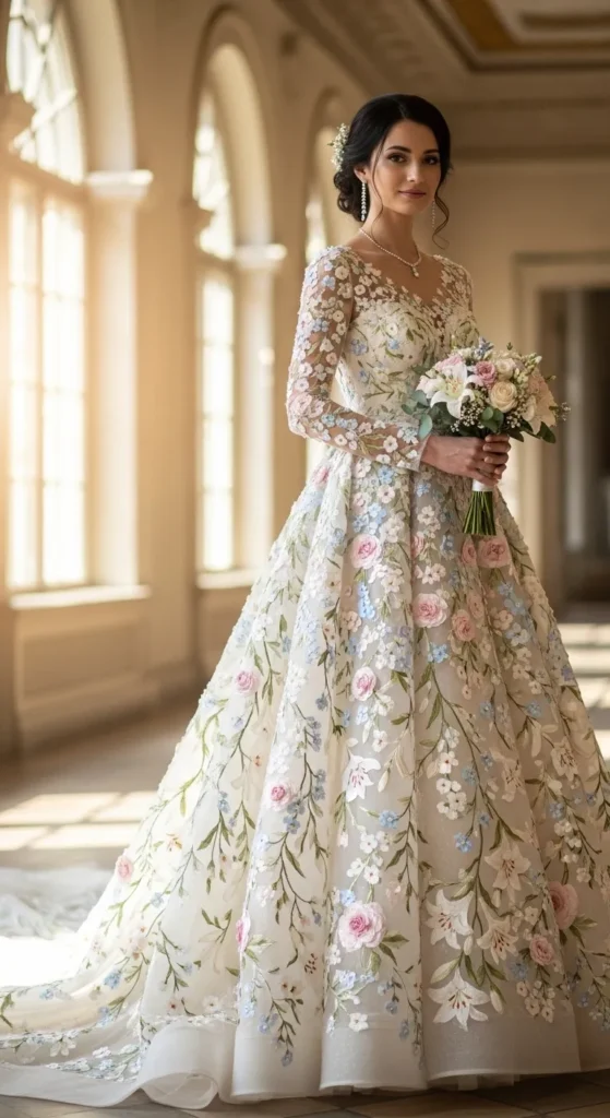Ivory Gown with Colored Embroidery
