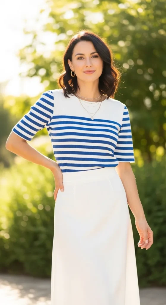 The White Midi Skirt and Striped Top Nautical Look