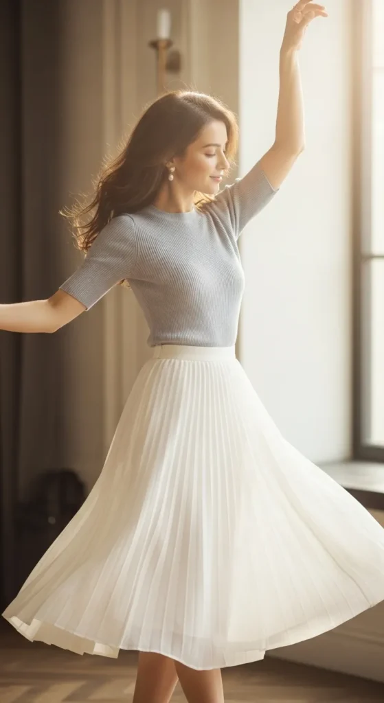 The White Pleated Midi Skirt and Fitted Knit