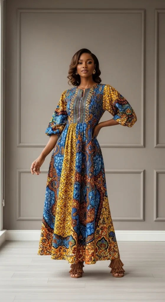 Ankara Maxi Dress with Fringe Sandals