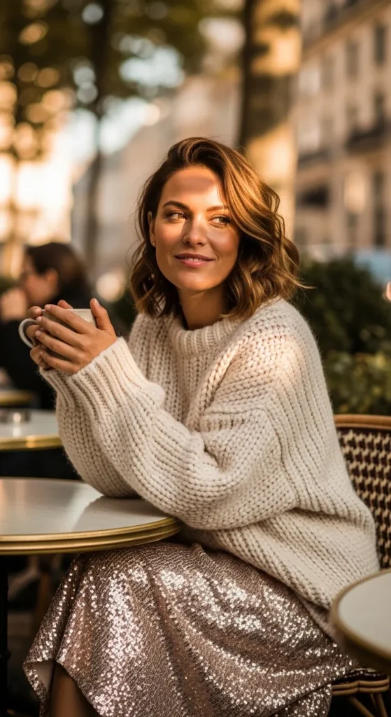 Sequin Skirt and Oversized Knit Sweater