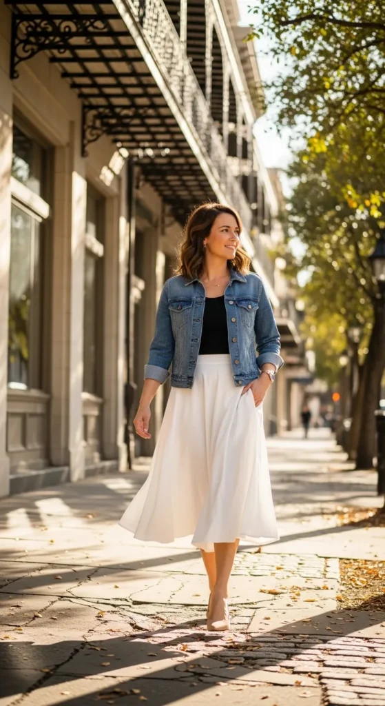 The White Midi Skirt and Denim Jacket Casual Look