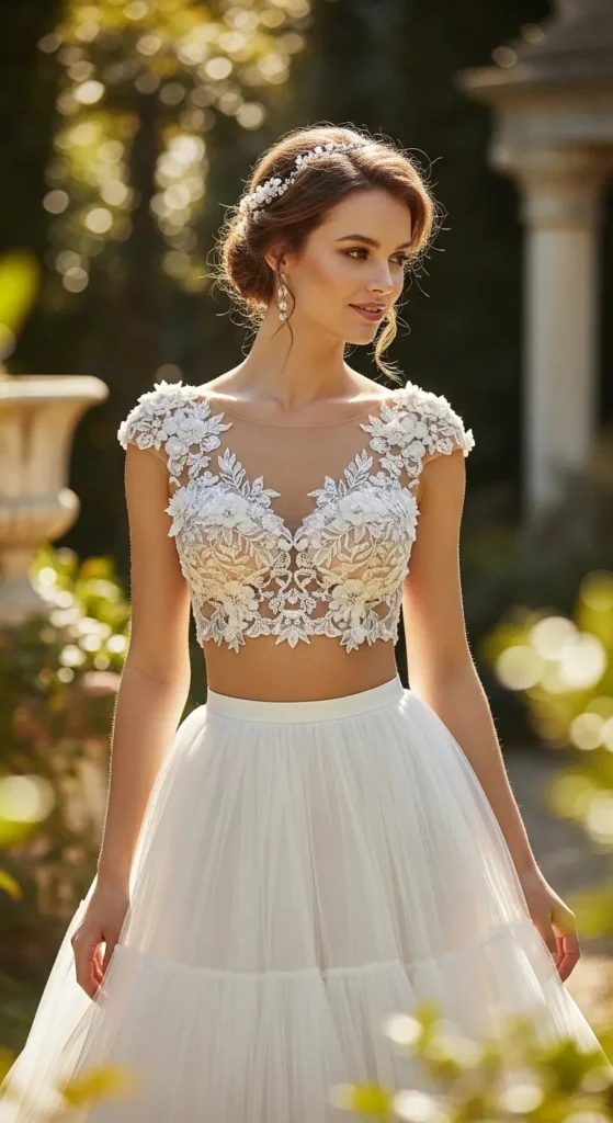 Floral Appliqué Crop Top and Tulle Skirt