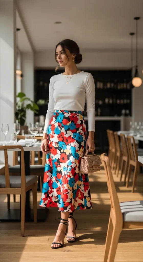  Printed Silk Midi Skirt With a Simple White Top