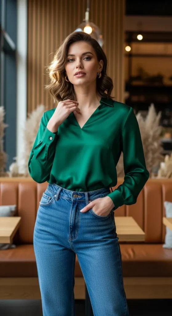Silk Blouse and Straight-Leg Denim Combination