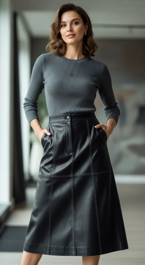 Leather Midi Skirt Look