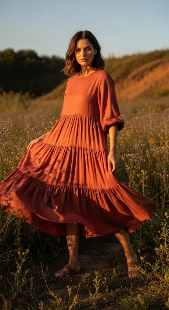 Terracotta Tiered Midi Dress