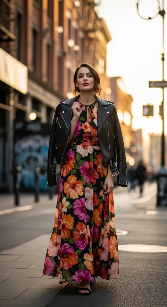 The Vintage Floral Maxi with Leather Jacket
