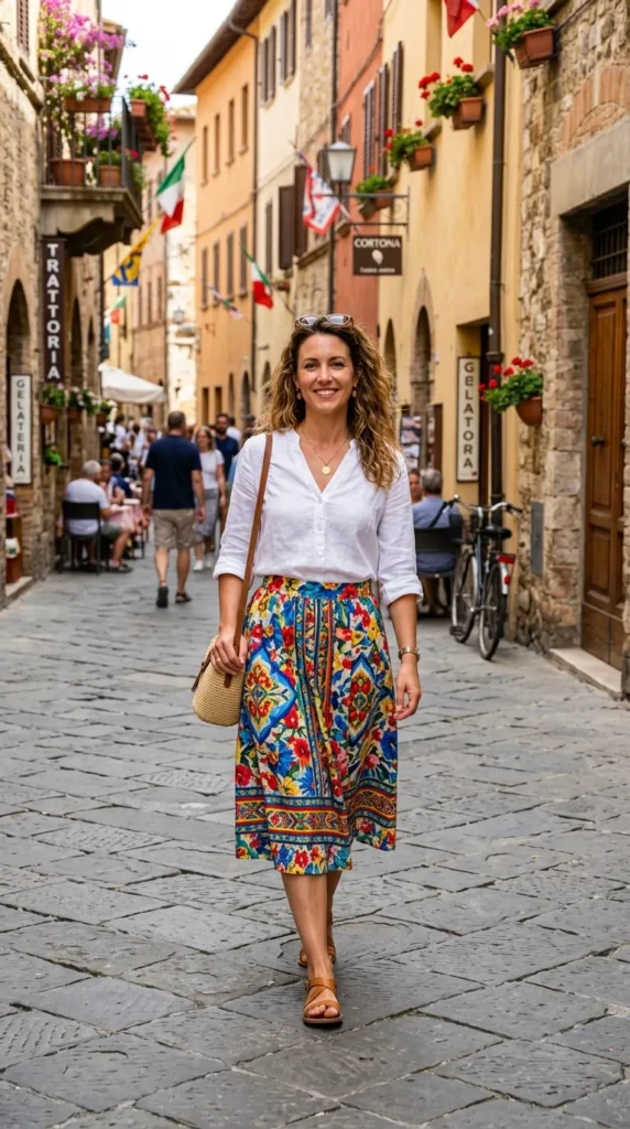 The Printed Skirt and White Blouse