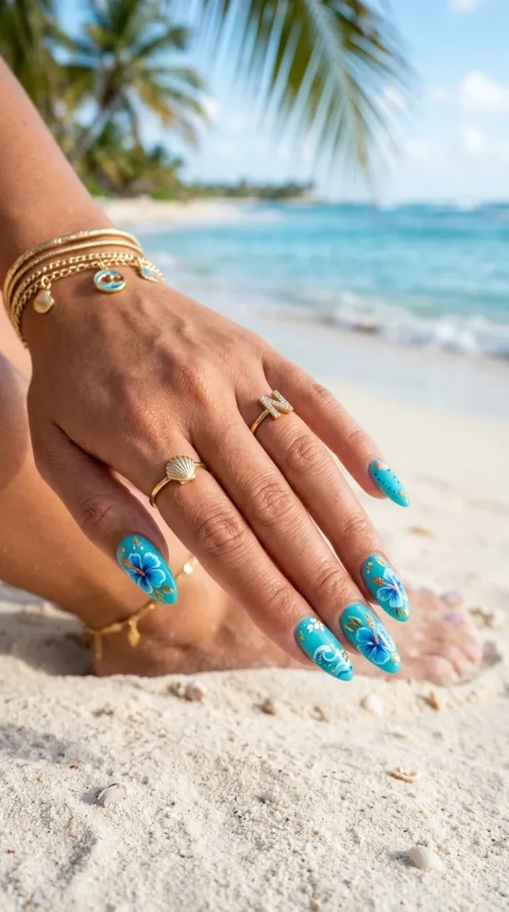 Beach-Inspired Blue Hibiscus Nails