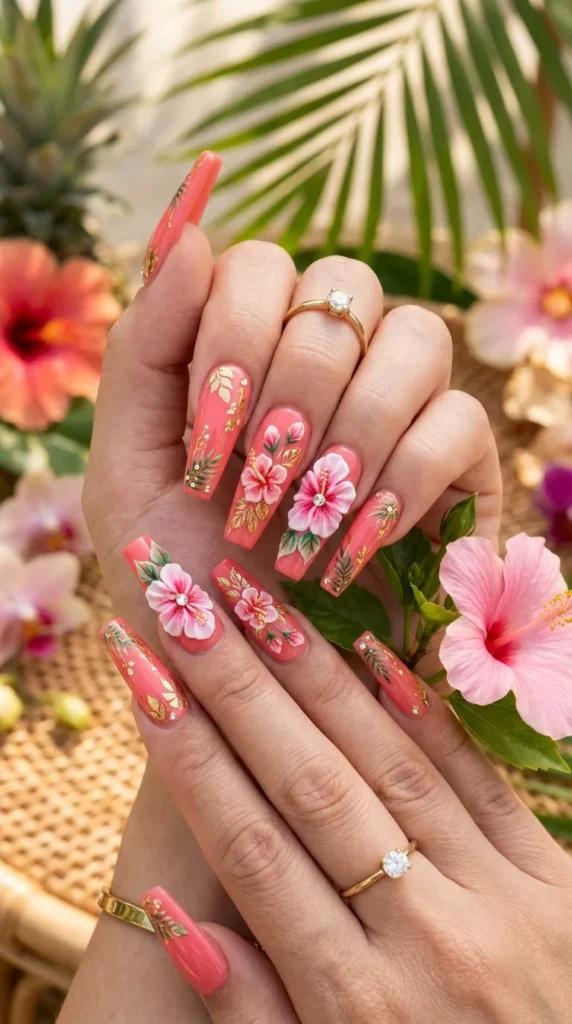 Coffin-Shaped 3D Hibiscus Nails