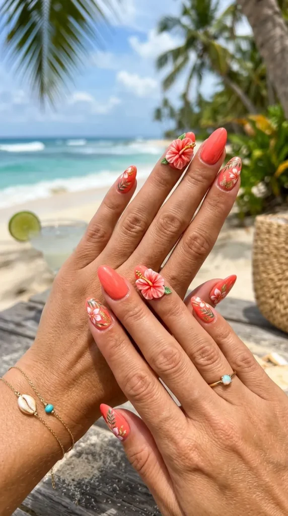 Coral 3D Hibiscus Flower Nails