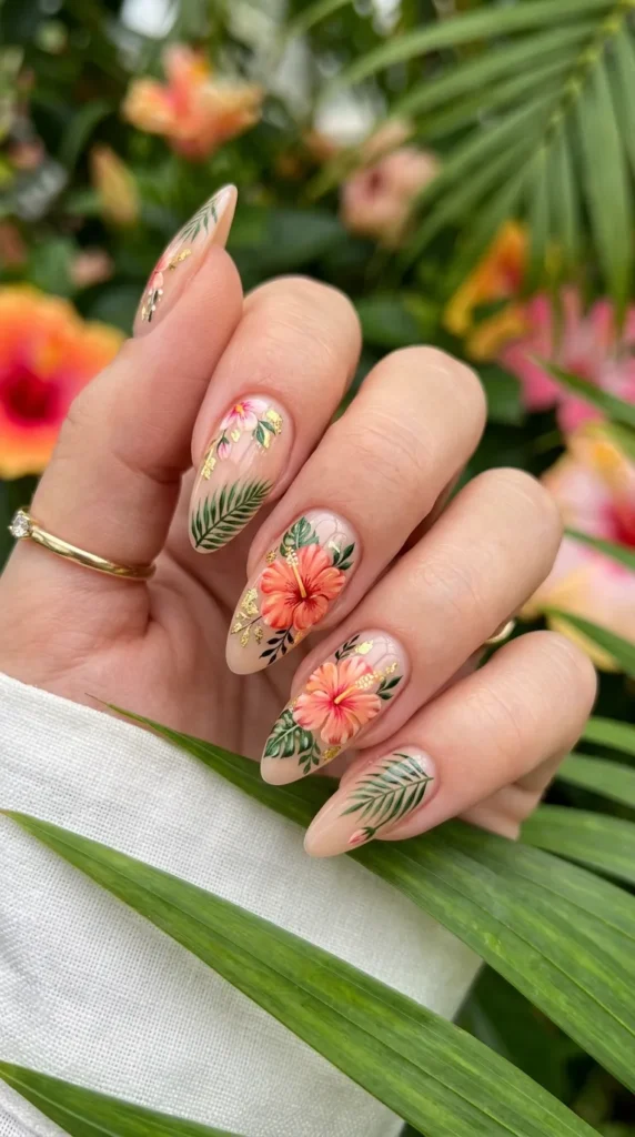 Almond-Shaped Hibiscus Flower Nails