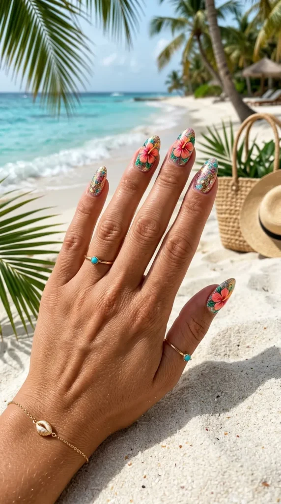 Glitter Tropical Hibiscus Nails