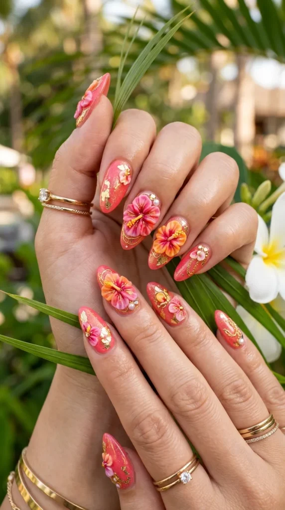 Tropical Sunset Hibiscus Nails