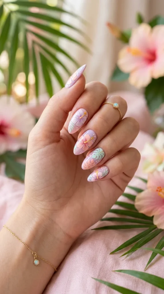 Pastel 3D Hibiscus Flower Nails