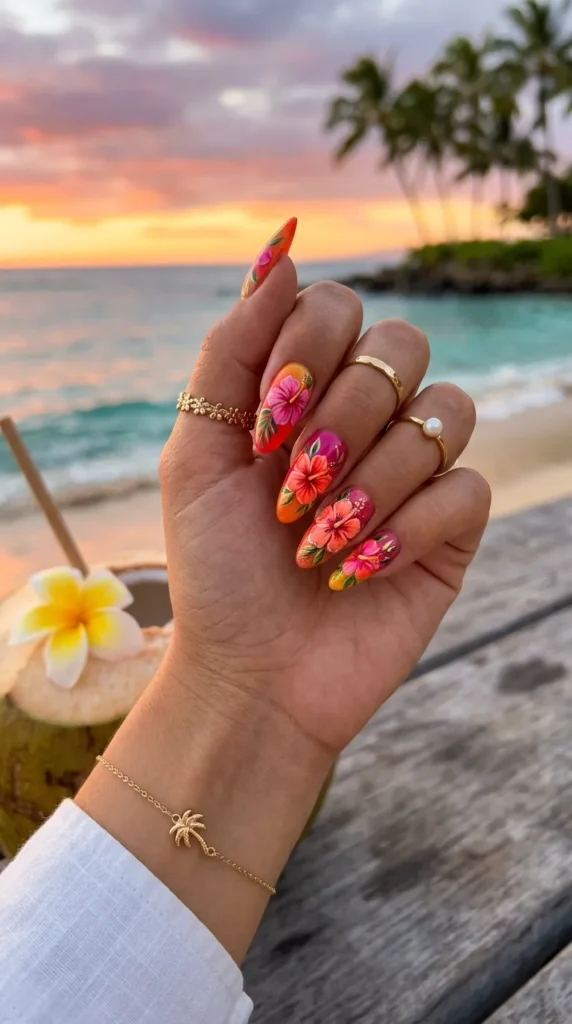 Tropical Sunset Hibiscus Nails