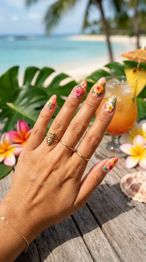 Hawaiian-Inspired Hibiscus Nails