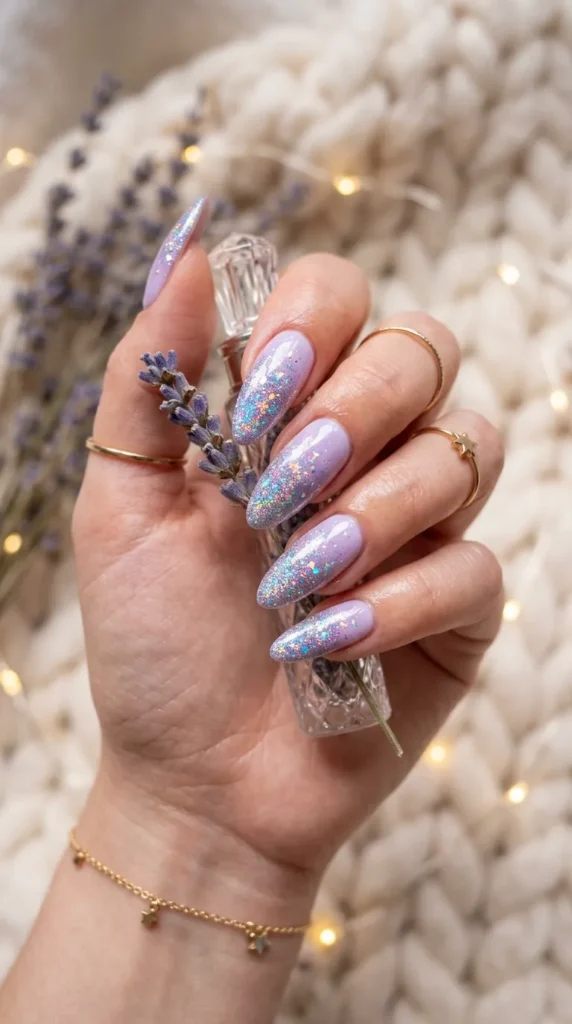 Holographic Glitter Ombre on Pale Lavender