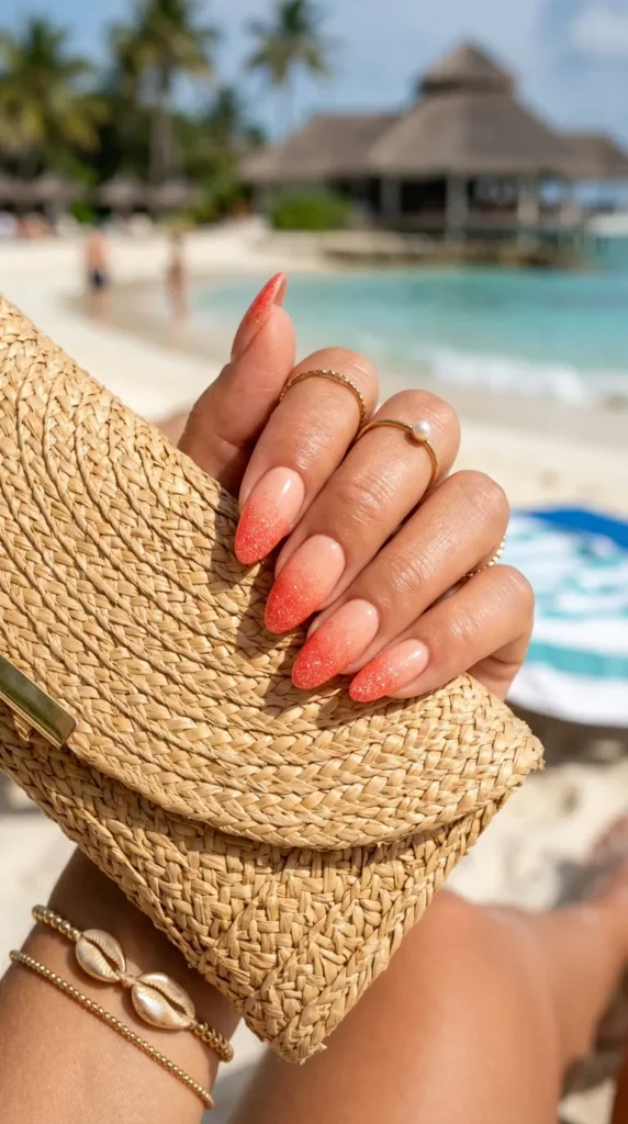 Coral Glitter Ombre on Peachy Nude